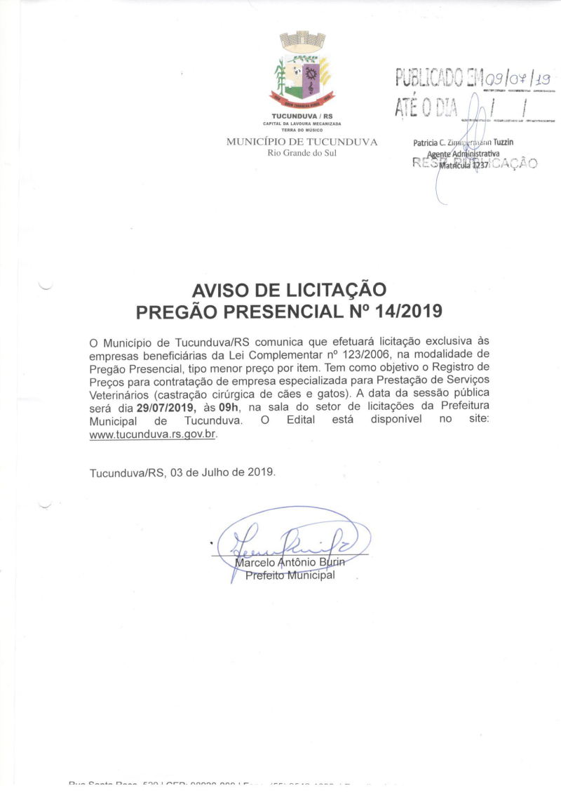AVISO DE LICITAÇÃO PREGÃO PRESENCIAL Nº 14/2019 